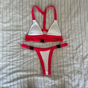 NWOT Red / Pink(ish) and White Sexy Bikini with Buckles